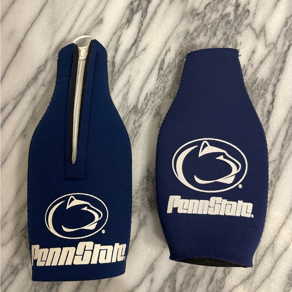 2 Penn State Navy Bottle Koozies with the Penn State Nittany Lions Logo on each